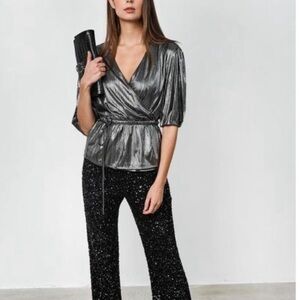 Rebecca Minkoff Silver Mary  Metallic Wrap Top Size Smal
